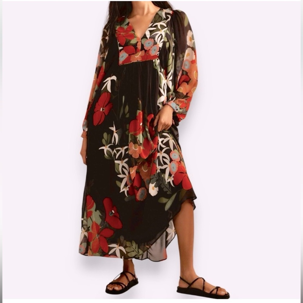FARM RIO Long Sleeve V-neck‎ Floral Maxi Dress size Small